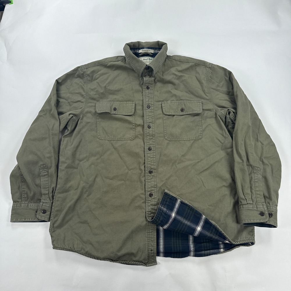 LL Bean Mens Hurricane Shirt Jacket Large Olive Green Flannel Lined Button Up